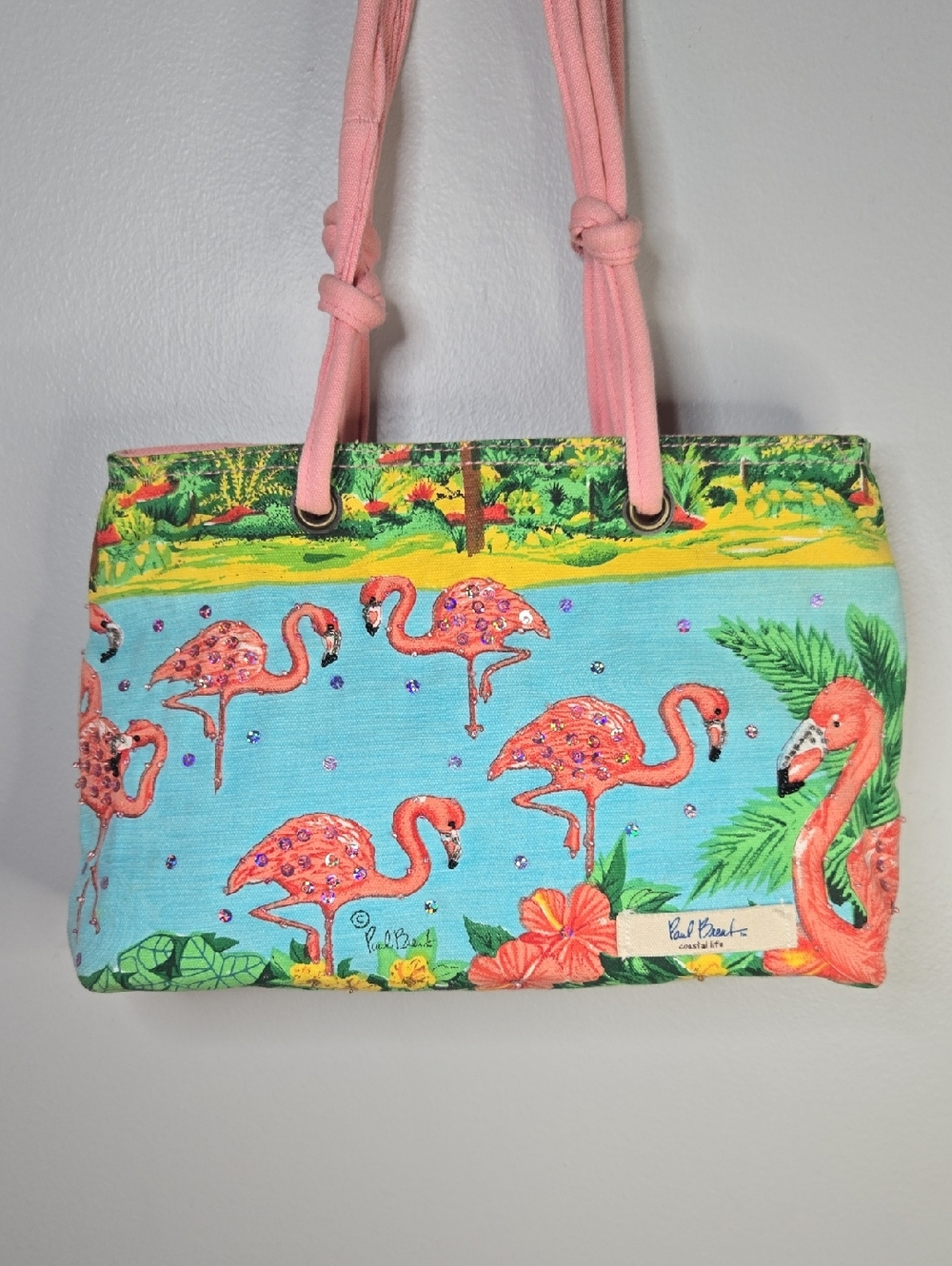Paul Brent Beachy Canvas Vibrant Pink Flamingo Embellished Rope Handle Bag